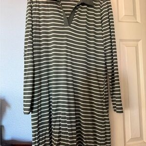 Wooland, Polo Striped Long Sleeve Dress - Green and White, wool&